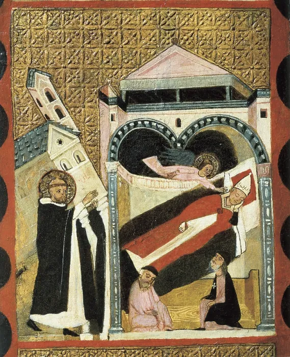 Framed Print : DOMINIC, Domingo de GuzmAn, Saint (1170-1221). Spanish religious man, founder of the Society of Jesus. Saint Dominic holds the Church on his back. Altarpiece, 14th c