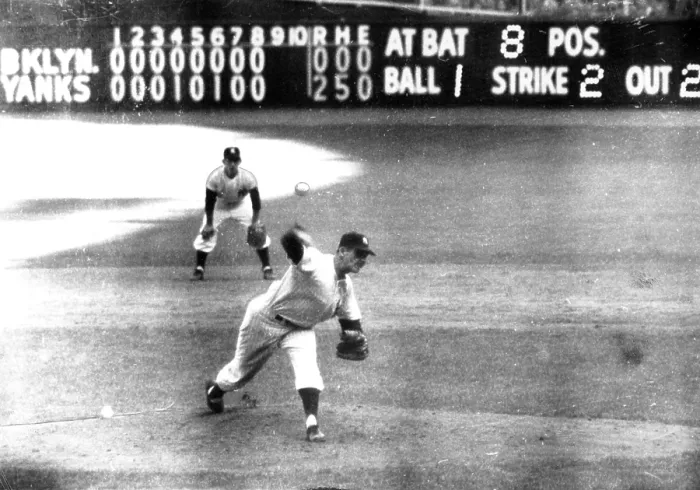 Framed Print : Don Larsen of the NY Yankees pitches perfect game against Brooklyn Dodgers in Game 5 of 1956 World Series. 10-08-56. Yankees won game 2-0