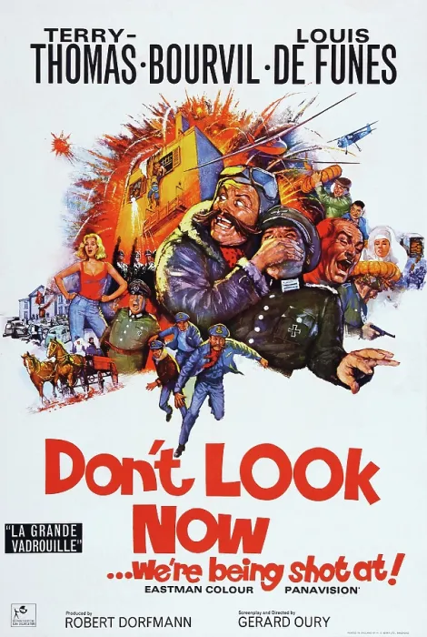 Framed Print : DON'T LOOK NOW...WE'RE BEING SHOT AT, (aka LA GRANDE VADROUILLE), British poster art, Terry-Thomas (moustache), 1966