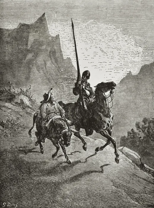 Framed Print : Dore, Gustave (1832-1883); CERVANTES SAAVEDRA, Miguel de (1547-1616). Spanish writer. Illustration from 'Don Quixote' with Sancho Panza and Don Quixote. Etching Framed Print : Dore, Gustave (1832-1883); CERVANTES SAAVEDRA, Miguel de (1547-1616). Spanish writer. Illustration from 'Don Quixote' with Sancho Panza and Don Quixote. Etching
