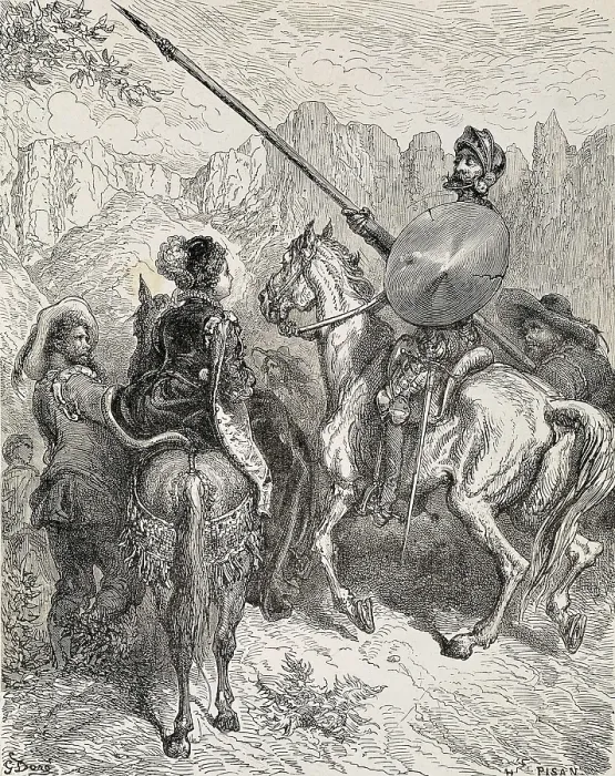 Framed Print : Dore, Gustave (1832-1883). Don Quixote and the Princess Micomicona. 1863. Illustration of chapter 29, first part of 'Don Quixote of La Mancha'. Etching. SPAIN