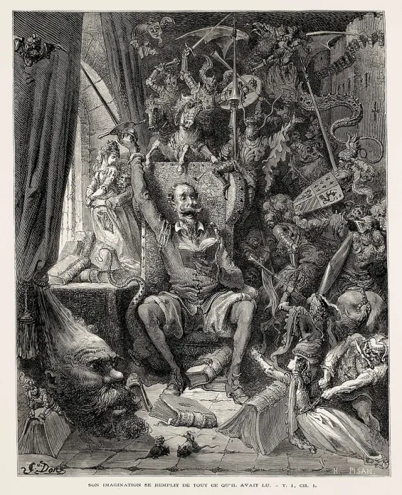 Framed Print : Dore, Gustave (1832-1883). Don Quixote reading chivalresque novels. 1863. Illustration of 'Don Quixote of La Mancha' (preface of the first part). Etching. SPAIN. Madrid Framed Print : Dore, Gustave (1832-1883). Don Quixote reading chivalresque novels. 1863. Illustration of 'Don Quixote of La Mancha' (preface of the first part). Etching. SPAIN. Madrid