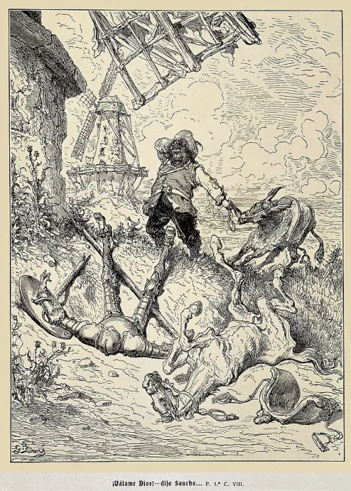Framed Print : Dore, Gustave (1832-1883). Don Quixote and Rocinante, after the battle against a windmill. 1863. Illustration of chapter 8, first part of 'Don Quixote of La Mancha' Framed Print : Dore, Gustave (1832-1883). Don Quixote and Rocinante, after the battle against a windmill. 1863. Illustration of chapter 8, first part of 'Don Quixote of La Mancha'