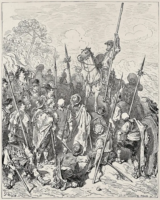 Framed Print : Dore, Gustave (1832-1883). Don Quixote and Sancho with the braying town's squadron. 1863. Illustration of chapter 27, second part of 'Don Quixote of La Mancha'