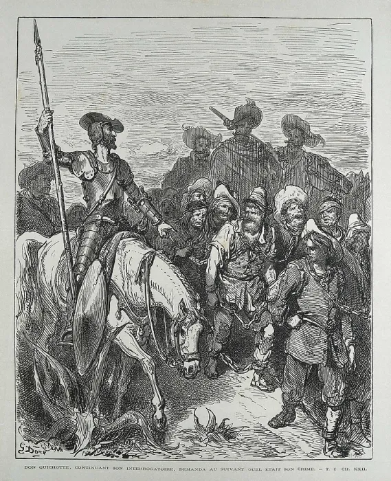 Framed Print : Dore, Gustave (1832-1883). Don Quixote talks to the galeotes. 1863. Illustration of 'Don Quixote of La Mancha' (chapter 21, first part). Etching. SPAIN. Madrid