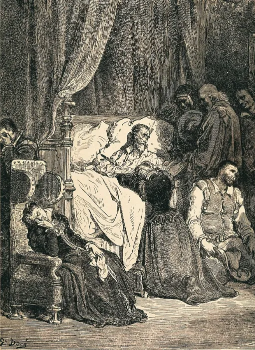 Framed Print : Dore, Gustave (1832-1883). Don Quixote's Death. 1863. Illustration of the last chapter, second part of 'Don Quixote of La Mancha'. Etching. SPAIN. Barcelona