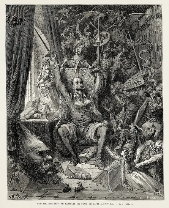 Framed Print : Dore, Paul Gustave (1832-1883). Don Quixote reading chivalresque novels. 1863. Illustration of 'Don Quixote of La Mancha' (preface of the first part). Etching. SPAIN