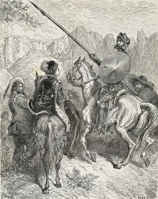 Framed Print : Dore, Paul Gustave (1832-1883). Don Quixote and the Princess Micomicona. 1863. Illustration of chapter 29, first part of 'Don Quixote of La Mancha'. Etching. SPAIN