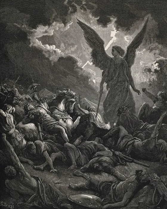 Framed Print : Dore, Paul Gustave (1832-1883). La Sainte Bible. 1866. Angel of Yahweh of the army of Sennacherib. Engraving Framed Print : Dore, Paul Gustave (1832-1883). La Sainte Bible. 1866. Angel of Yahweh of the army of Sennacherib. Engraving
