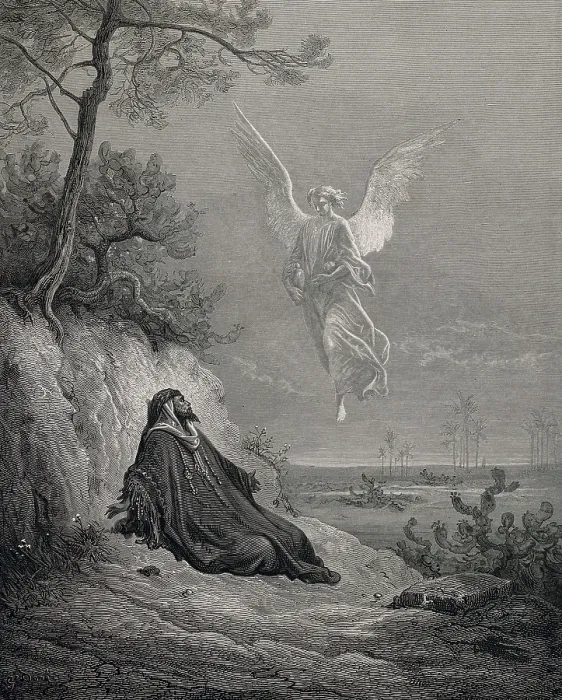 Framed Print : Dore, Paul Gustave (1832-1883). La Sainte Bible. 1866. The prophet Elijah fed by an angel. Engraving. - Coleccion Gasca / Iberfoto / Everett Collection (324854)**US SALES ONLY**
