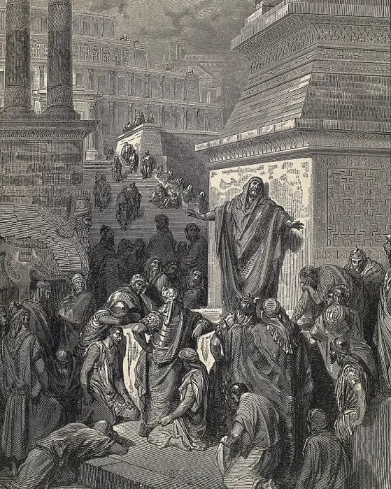Framed Print : Dore, Paul Gustave (1832-1883). La Sainte Bible. 1866. Jonah exhorts the ninevites to penance. Engraving. - J. Bedmar / Iberfoto / Everett Collection (147632)**US SALES ONLY**