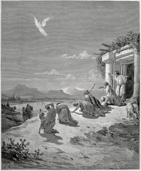 Framed Print : Dore, Paul Gustave (1832-1883). La Sainte Bible. 1866. Tobias familly sees the Angel Raphael disappear. Engraving Framed Print : Dore, Paul Gustave (1832-1883). La Sainte Bible. 1866. Tobias familly sees the Angel Raphael disappear. Engraving