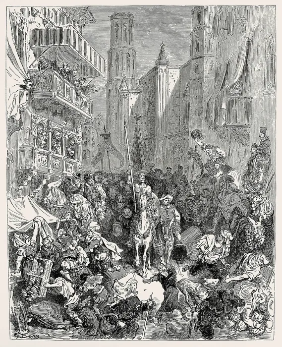 Framed Print : Dore, Paul Gustave (1832-1883). Don Quixote and Sancho, walking through the streets of a city (Barcelona). 1863