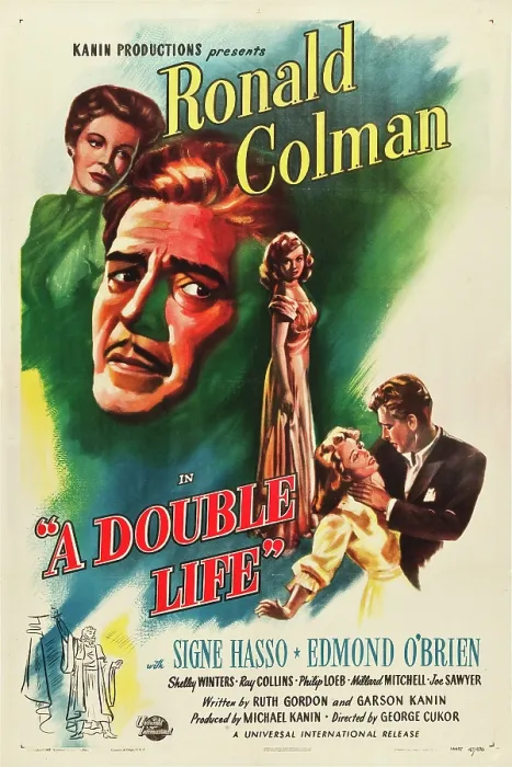 Framed Print : A DOUBLE LIFE, l-r: Signe Hasso, Ronald Colman, Shelley Winters on poster art, 1947