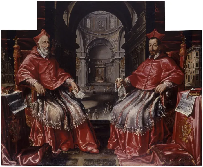 Framed Print : Double Portrait of the Customer Cardinal Alessandro and Odoardo Farnese with the Church of Jesus as a Background, by Unknown Artist, 1622, 1624, 17th Century Framed Print : Double Portrait of the Customer Cardinal Alessandro and Odoardo Farnese with the Church of Jesus as a Background, by Unknown Artist, 1622, 1624, 17th Century