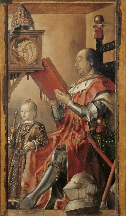 Framed Print : Double Portrait of Federico da Montefeltro and His Son Guidobaldo, by Pedro Berruguete, 1476 - 1477 about, 15th Century, tempera on panel, cm 134 x 76 - Italy, Marche