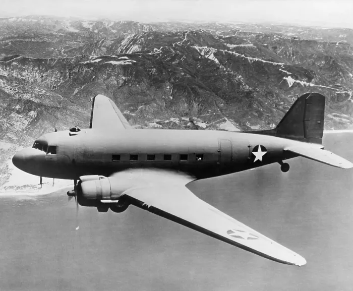 Framed Print : Douglas C-47 Skytrain in flight. The transport was used in in World War 2 and the Korean War. It was also developed as the civilian Douglas DC-3 airliner. Ca. 1942-45 Framed Print : Douglas C-47 Skytrain in flight. The transport was used in in World War 2 and the Korean War. It was also developed as the civilian Douglas DC-3 airliner. Ca. 1942-45