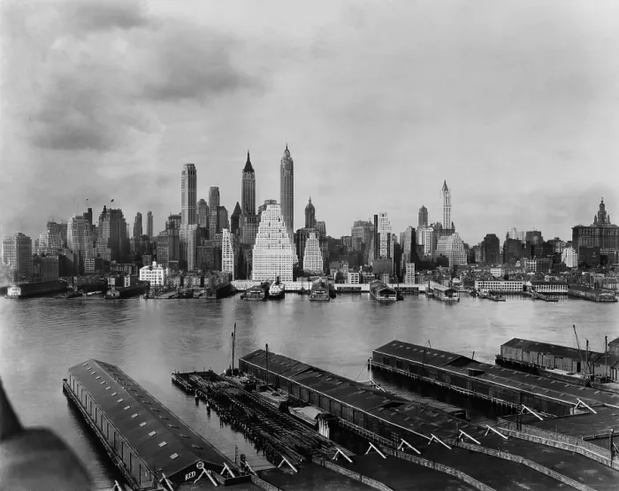 Framed Print : Downtown New York City skyline from Brooklyn, 1931. Towers in the financial District include the Singer Building, demolished in 1968 to clear the site for 1 Liberty Plaza