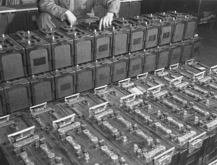Framed Print : Dozens of 12 volt rechargeable automobile batteries at a the White Motor Company, Cleveland, Ohio. 1941