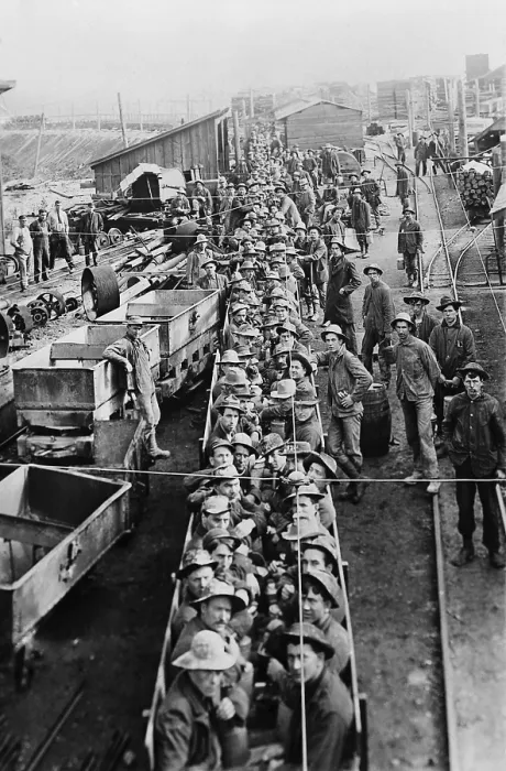 Framed Print : Dozens of men in open railroad cars on their way into the underground mines in Idaho in 1909 Framed Print : Dozens of men in open railroad cars on their way into the underground mines in Idaho in 1909