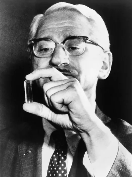 Framed Print : Dr. Albert Sabin (1906-1993), holding vial containing a live-virus vaccine for polio he developed to supplement, and ultimately replace, Jonas Salk's killed virus vaccine Framed Print : Dr. Albert Sabin (1906-1993), holding vial containing a live-virus vaccine for polio he developed to supplement, and ultimately replace, Jonas Salk's killed virus vaccine