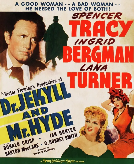 Framed Print : DR. JEKYLL AND MR. HYDE, l-r: Spencer Tracy, Ingrid Bergman, Lana Turner on Us window card, 1941