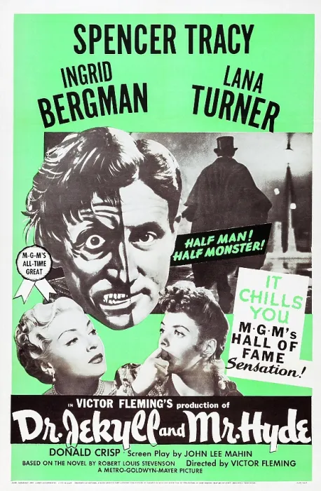 Framed Print : DR. JEKYLL AND MR. HYDE, top: Spencer Tracy, bottom l-r: Lana Turner, Ingrid Bergman on poster art, 1941
