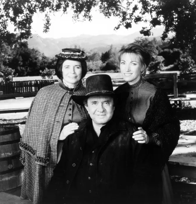 Framed Print : DR. QUINN, MEDICINE WOMAN, from left: June Carter Cash, Johnny Cash, Jane Seymour, The Most Fatal Disease, season 5, ep. 16, aired 2 / 1 / 1997, 1993-1998