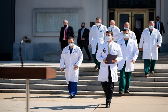 Framed Print : Dr. Sean Conley, with President Donald Trumps medical team, meet with the press to report on their patients treatment for COVID-19 disease