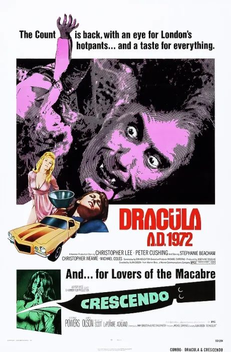 Framed Print : DRACULA A.D. 1972, (on double bill poster with CRESCENDO), from top: Christopher Lee, Stephanie Beacham, Caroline Munro on poster art, 1972 Framed Print : DRACULA A.D. 1972, (on double bill poster with CRESCENDO), from top: Christopher Lee, Stephanie Beacham, Caroline Munro on poster art, 1972