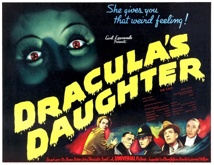 Framed Print : DRACULA'S DAUGHTER, Gloria Holden (top eyes), (bottom): Marguerite Churchill (l.), Edgar Norton (second from left), Otto Kruger (second from right), in half-sheet, 1936