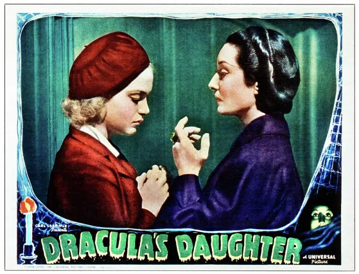Framed Print : DRACULA'S DAUGHTER, from left: Nan Grey, Gloria Holden on lobbycard, 1936