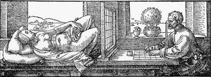 Framed Print : Draftsman drawing a reclining nude viewed through a screen to assist the exact depiction of his field of vision. Woodcut made by German Renaissance artist, Albrecht Durer in 1525