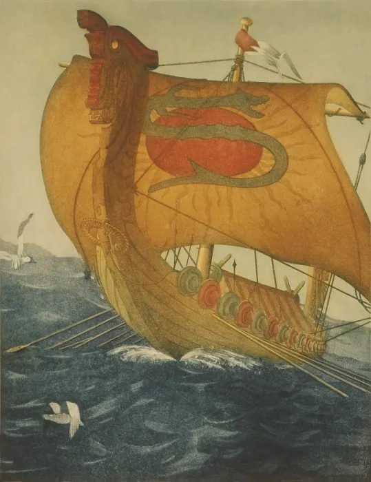 Framed Print : THE DRAGON SHIP. Viking ship at sea. Etching by John Taylor Arms 1922 Framed Print : THE DRAGON SHIP. Viking ship at sea. Etching by John Taylor Arms 1922