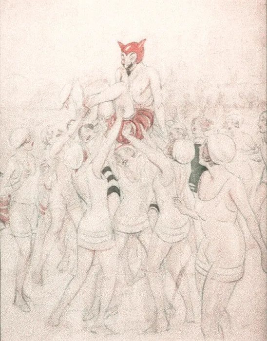 Framed Print : Drawing of girls in bathing suits holding up the devil, illustration by Oliver Herford, 1910-1935 Framed Print : Drawing of girls in bathing suits holding up the devil, illustration by Oliver Herford, 1910-1935