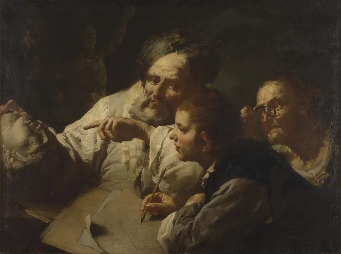 Framed Print : Drawing lesson, by Domenico Fedeli said Maggiotto, 18th century, oil on canvas. - Italy, Veneto, Treviso, Museo Civico Luigi Bailo. Whole artwork view
