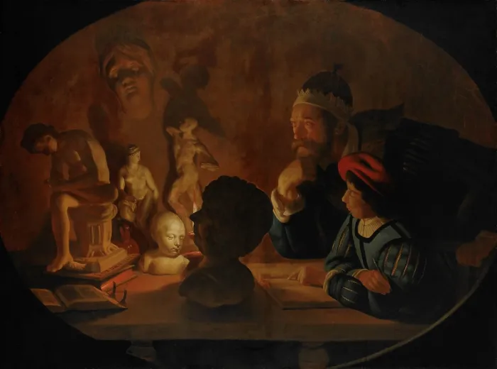 Framed Print : The Drawing Lesson, by Jan ter Borch, 1634, Dutch painting, oil on canvas. A boy draws plaster casts in candlelight, as an older man watches (BSLOC_2016_3_225)