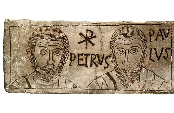 Framed Print : Drawing in a tombstone. 4th c. A.D, representing apostles Peter and Paul. Paleo-christian art. Engraving. ITALY. Rome. Lateran Museum