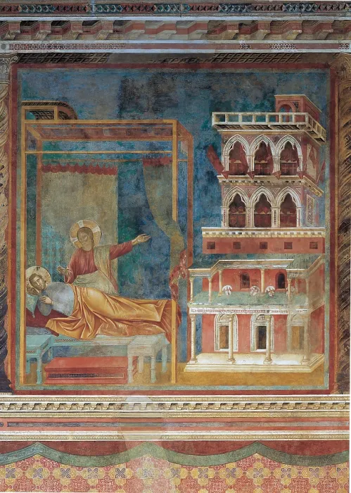 Framed Print : The Dream of the Palace, by Giotto, 1297 - 1299, 13th Century, fresco, cm 270 x 230 - Italy, Umbria, Perugia, Assisi, Upper Basilica of San Francesco, nave. All Framed Print : The Dream of the Palace, by Giotto, 1297 - 1299, 13th Century, fresco, cm 270 x 230 - Italy, Umbria, Perugia, Assisi, Upper Basilica of San Francesco, nave. All