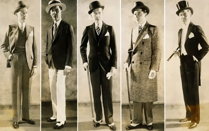 Framed Print : The well dressed man's wardrobe in 1929. L-R: Business suit, Sporting wear, Afternoon dress suit, Tweed overcoat, and a tuxedo for formal evenings