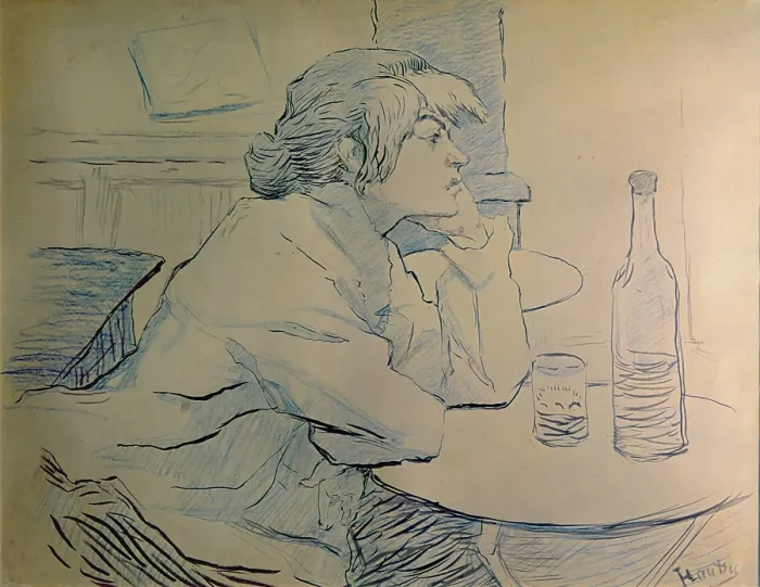 Framed Print : The Drinker or an Hangover (Buveur Femme, Ou La Gueule De Bois), by Henri de Toulouse-Lautrec, 1889, 19 Century, ink and coloured pencil, 49 x 63 cm - France, Albi