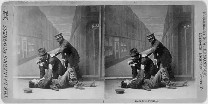 Framed Print : The drinker's progress: Gets into trouble, stereograph showing a studio scene of a policeman intervening in a fight, against a painted backdrop, stereo photograph by G.W Framed Print : The drinker's progress: Gets into trouble, stereograph showing a studio scene of a policeman intervening in a fight, against a painted backdrop, stereo photograph by G.W