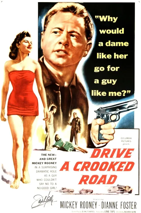 Framed Print : DRIVE A CROOKED ROAD, l-r: Dianne Foster, Mickey Rooney on poster art, 1954 Framed Print : DRIVE A CROOKED ROAD, l-r: Dianne Foster, Mickey Rooney on poster art, 1954