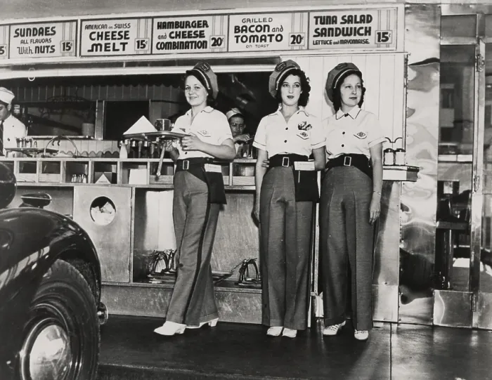 Framed Print : Drive-in restaurant in Hollywood, Los Angeles. June 29, 1938. The waitresses wear pseudo Highway Patrol Uniforms Framed Print : Drive-in restaurant in Hollywood, Los Angeles. June 29, 1938. The waitresses wear pseudo Highway Patrol Uniforms