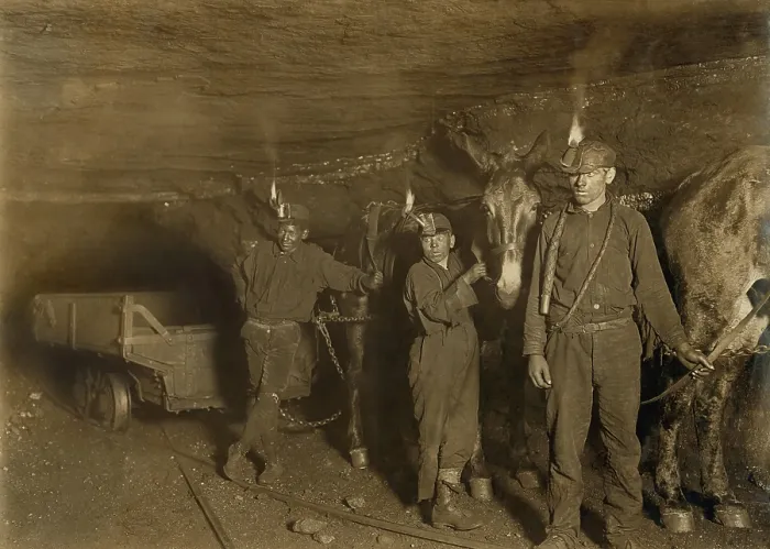 Framed Print : Drivers and Mules with young laborers in a West Virginia coal mine. October 1908 photo by Lewis Hine