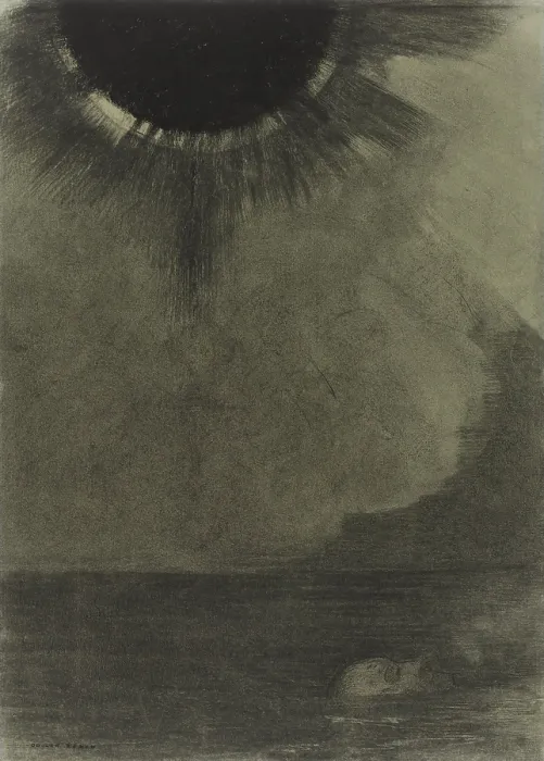 Framed Print : The Drowned, by Odilon Redon, 1887 French paper, Chalk on paper. Under a dark orb in the sky a drowned man floats in water near a coastline (BSLOC_2016_3_275)