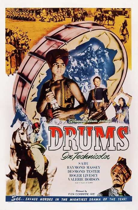 Framed Print : DRUMS, (aka THE DRUMS), US poster art, top left: Sabu; center: Desmond Tester; bottom right: Raymond Massey, 1938