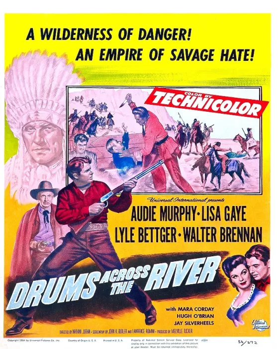 Framed Print : DRUMS ACROSS THE RIVER, US poster, far left from top: Morris Ankrum, Walter Brennan, Audie Murphy, Lisa Gaye, Audie Murphy, 1954 Framed Print : DRUMS ACROSS THE RIVER, US poster, far left from top: Morris Ankrum, Walter Brennan, Audie Murphy, Lisa Gaye, Audie Murphy, 1954