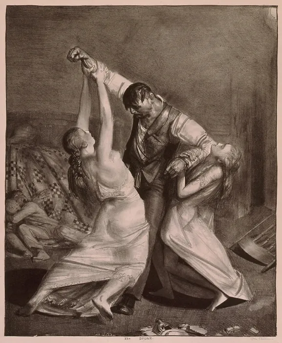 Framed Print : THE DRUNK, a lithograph by George Bellows (1882-1925), shows a woman struggling with her drunken husband. Lithography by American realist, George Bellows (1882-1925). 1923