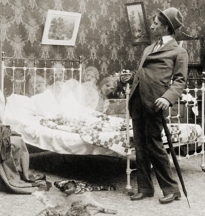 Framed Print : Drunk man seeing vision of four headed women in bed in a humorous photo of 1897
